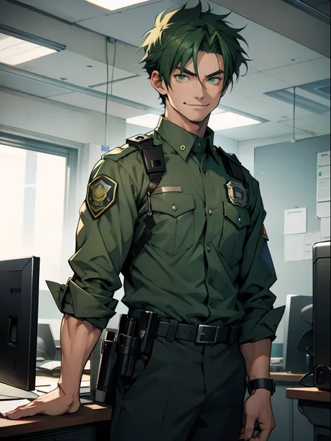 A 20-year-old anime man wearing a police uniform，Dark green hair，Very short hair，A sly smile，Insidious and cunning，Standing in the office of the police station.