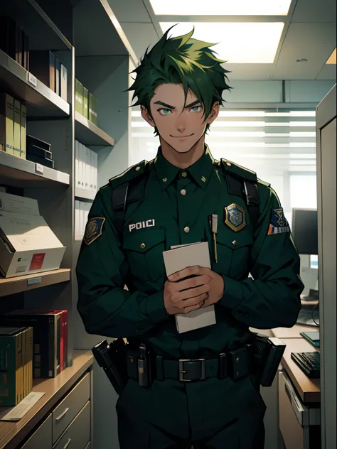 A 20-year-old anime man wearing a police uniform，Dark green hair，Very short hair，A sly smile，Insidious and cunning，Standing in the office of the police station.