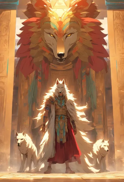 (((Man with Wolf Head))) best quality, very high resolution, 4K detailed CG, masterpiece, Egyptian mythology,Wepwawet,Wolf God,Egyptian tomb, Ancient Egypt, standing pose, white clothes, Egyptian clothes , Egyptian temple, desert, Ancient Egypt , ((wolf he...