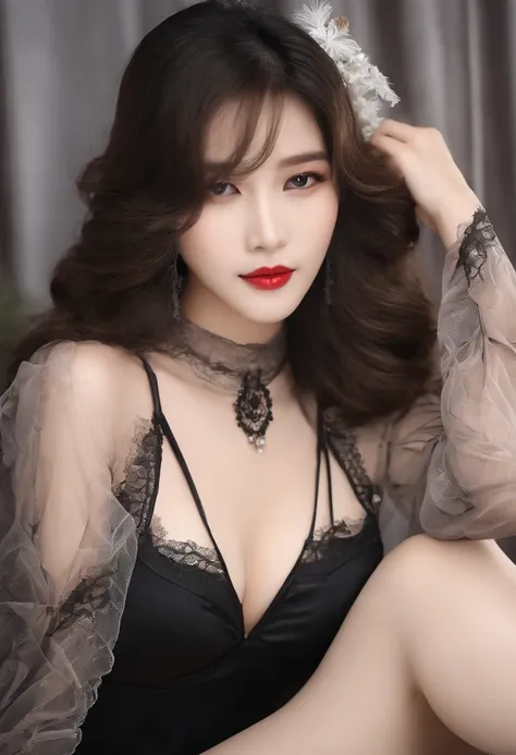 Korean girl VN02, Shot on a Nikon Z7 II mirrorless camera,120 mm F/4 Wide angle Best quality, Masterpiece, Ultra detailed, Black silk lace transparent bra，Black briefs，Grey Stockings, rendering by octane, Beautiful detailed eyes, ultra detailed hair,The sk...