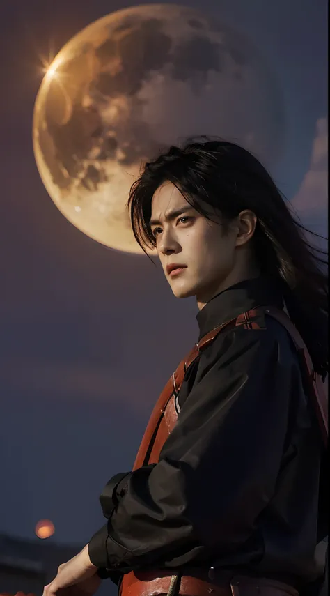 Real life adaption of this character,his name is Madara uchiha from anime Naruto,Korean adult handsome face,realistic long messy hair,realistic outfit with red iron armor like samurai,realistic light,realistic shadow,realistic background,(photorealistic:1....