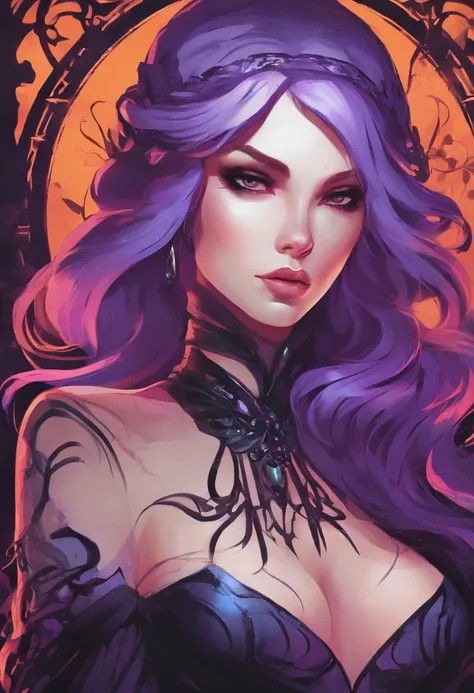 A close-up of a woman in a costume with purple hair and bright purple eyes, calabazas verdes brillantes, Lois van Baarle y Rossdrew, Artgerm y Lois van Baarle, Artgerm y Rossdrew, RossDrew Cartoon Vibrante, Beautiful succubus, Estilo Ross Tran, RossDrawS 2...