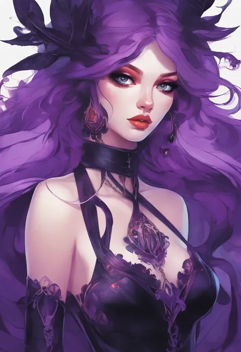 A close-up of a woman in a costume with purple hair and bright purple eyes, calabazas verdes brillantes, Lois van Baarle y Rossdrew, Artgerm y Lois van Baarle, Artgerm y Rossdrew, RossDrew Cartoon Vibrante, Beautiful succubus, Estilo Ross Tran, RossDrawS 2...