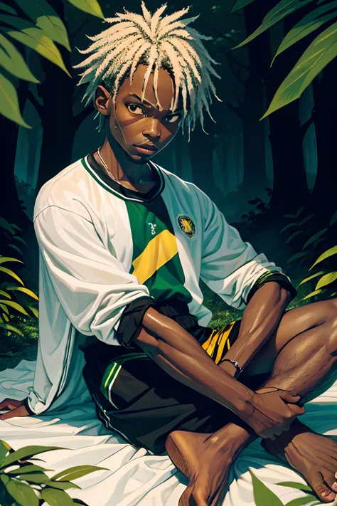 a five-year-old child, black man with the shirt of Brazil in the middle of the forest sitting with his legs entwined and with his hand on a jaguar, Exterminador. pixelado, Tons verdes , haikyuu, medium white hair, olho escarlate, roupa branca longa e charm...