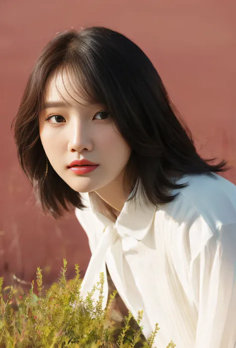 There was a woman standing on the grass, Choi Hyun-hwa, Lee Ji-eun, lee ji eun, shin min jeong, seseon yoon, portrait of female korean idol, sangsoo jeong, sun yunjoo, Kim Tae-joon, park jimin, jaeyeon nam, with short hair, korean artist，output, retinas, t...