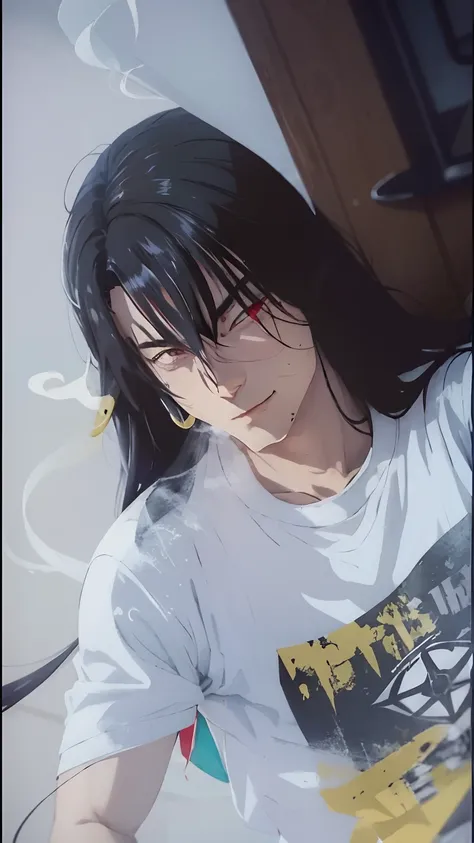 anime boy with extreme long black hair and horns in a red and black outfit, otaku, joker looks like naruto, hajime yatate, norihiro yagi, fujita goro!, choke smirk smile grin, in no game no life, wataru kajika, gas, boku no hero academia style, misato kats...