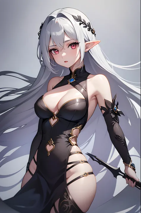 1girl, anime, cute girl, elf, blank background, white background, fantasy, detailed dark fantasy dress with highlights, beautiful face, beautiful eyes, dark colors, medium breasts, slight cleavage, beautiful skin, cute, silver hair, red eyes, breast curtai...