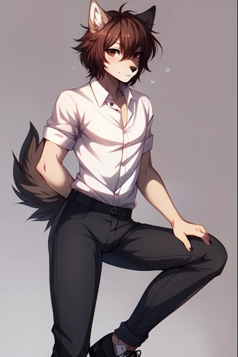 solo:1.3, a cute all tan male wolf, brown shaggy hair, brown eyes, brown wolf tail, black nose, wearing white button up shirt, black jeans, black shoes, tall, simple background, by fumiko, by hyattlen