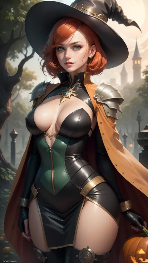 gwen tennyson,eula lawrence,yoruichi, rebecca chambers,dragons crown, atelier ryza,1girl,close up,mecha pilot,halloween forest,gold and silver plugsuit,hair pin,pirate corset, steel long sleeve silk top,steel leggings, short hair,cute makeup,green eyes,red...