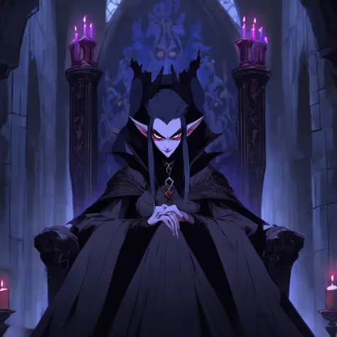 ((illustration of a female version of Strahd Von Zarovich in sexy gothic noble outfit sitting on a throne)), royal noble outfit, ((vampire)), has teeth fangs, long black hair, portrait, 8k resolution, masterpiece, high quality, ultra detailed eyes, 1girl, ...