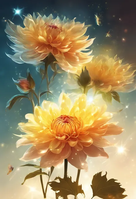 There are yellow flowers with stars on the background, A delicate flower that shines brightly, giant dahlia flower head, Luminous flowers, Close-up of giant dahlia flower head, photorealistic detailed picture, Beautiful flowers, Draw flowers, Yellow glowin...