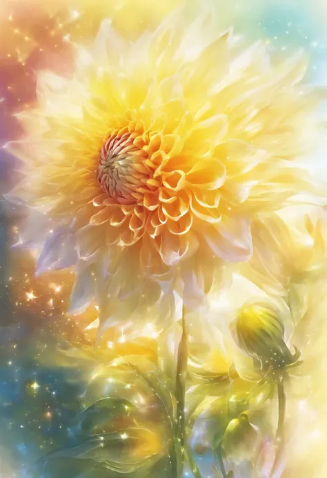 There are yellow flowers with stars on the background, A delicate flower that shines brightly, giant dahlia flower head, Luminous flowers, Close-up of giant dahlia flower head, photorealistic detailed picture, Beautiful flowers, Draw flowers, Yellow glowin...