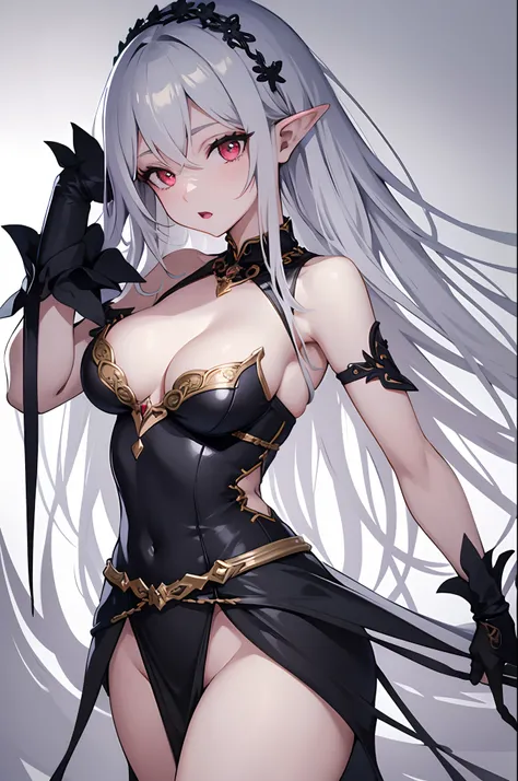 1girl, anime, cute girl, elf, blank background, white background, fantasy, detailed dark fantasy dress with highlights, beautiful face, beautiful eyes, dark colors, medium breasts, slight cleavage, beautiful skin, cute, silver hair, red eyes, breast curtai...