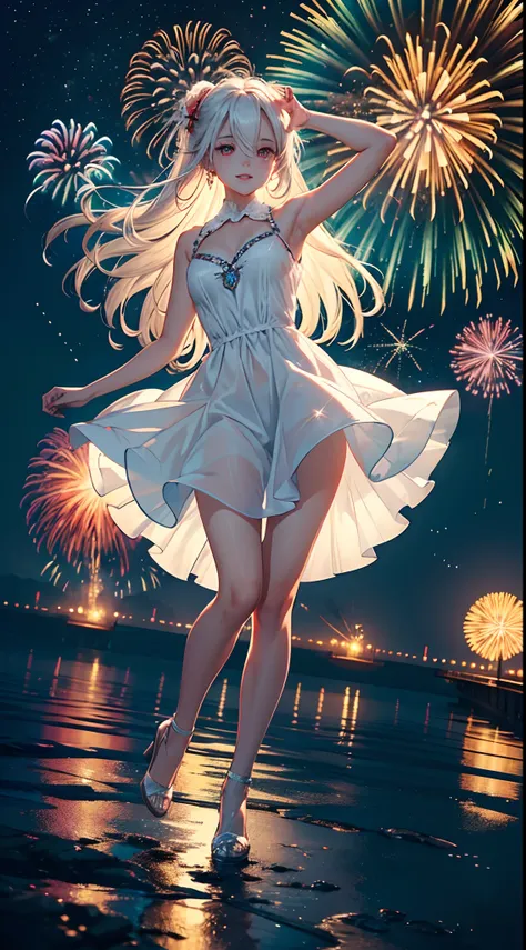 ((masterpiece)), best quality, a cute girl in the sky, she is on a lake, sky reflections, (reflections), ((fireworks)), fireworks reflection, (night),magic, fantasy, gorgeous, heaven,perfect face, (red eyes), expressive eyes, feets on lake, ((the lake and ...