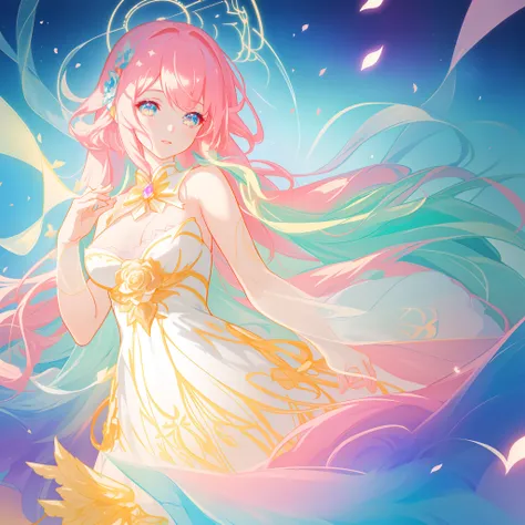 beautiful girl, puffy tiered ballgown, vibrant pastel colors, (colorful), glowing golden long hair, magical lights, sparkling magical liquid, inspired by Glen Keane, inspired by Lois van Baarle, disney art style, by Lois van Baarle, glowing aura around her...