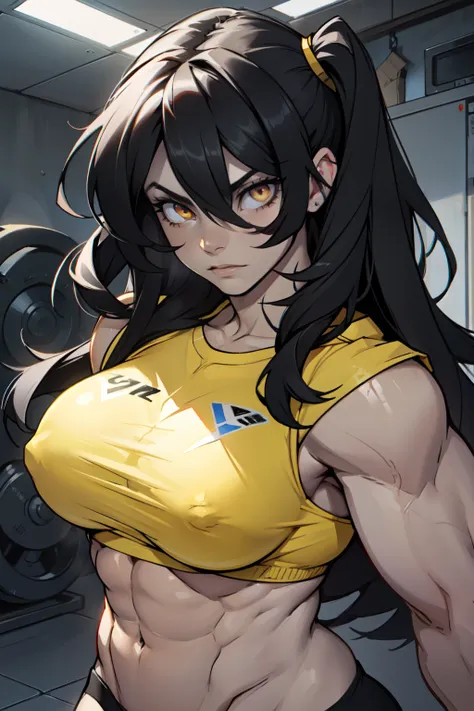 ((1girl bodybuilder shining eyes)) pale skin black hair very long hair yellow eyes large breasts long abs seductive expression close up