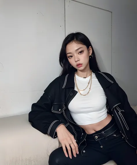 Arafed woman sitting on a sofa wearing a white shirt and black jacket, jennie blackpink, Camisa cropped com jaqueta, she is wearing streetwear, jossi do blackpink, gemma chen, Ulzzang, imagem vazada, Gongbi, young asian girl, Retrato de Jossi de Blackpink,...