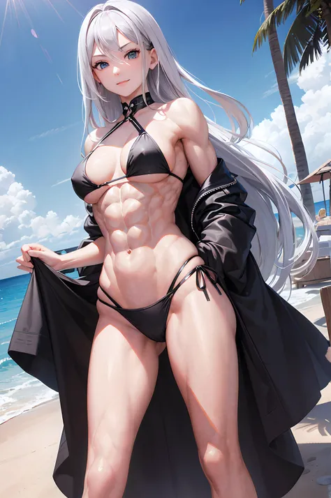 masterpiece, highest quality, silver hair, middle hair, black bikini, beach, (abs:1.8), (muscular:1.5), underarm, blue eyes, smile