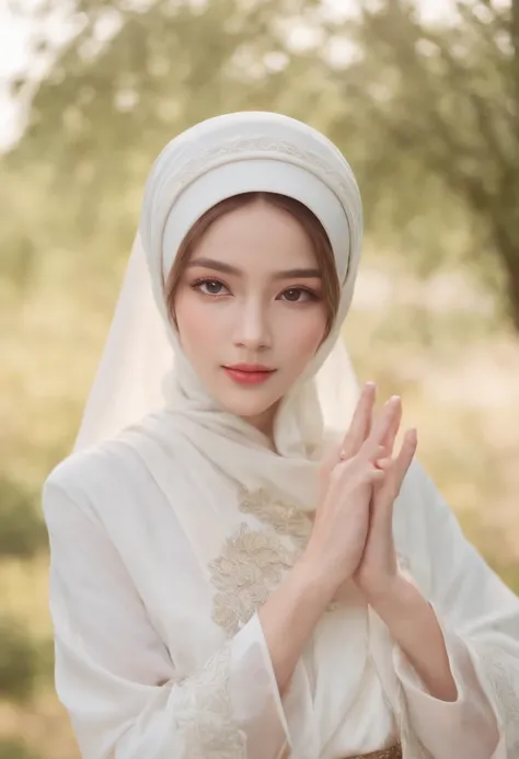 .masterpiece:1.2, best quality), realistic, (real picture, intricate details, depth of field), (1girl, solo), make up, parted lips, highly-detailed, perfect face, (skindentation), glossy coral lips, (A girl wearing full hijab, Islamic clothes), blushing, R...