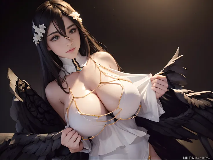 (((albedo)))8k,((overlord))(((Amazing tits)))caliente, hermosa,((Hornie)),(((viste un vestido blanco )))((tiene cuernos)))8k, hiperrealista todo como un motor irreal trazado de rayos render ((estilo humano hiperealista)),(((Empty dark background))). hiperr...