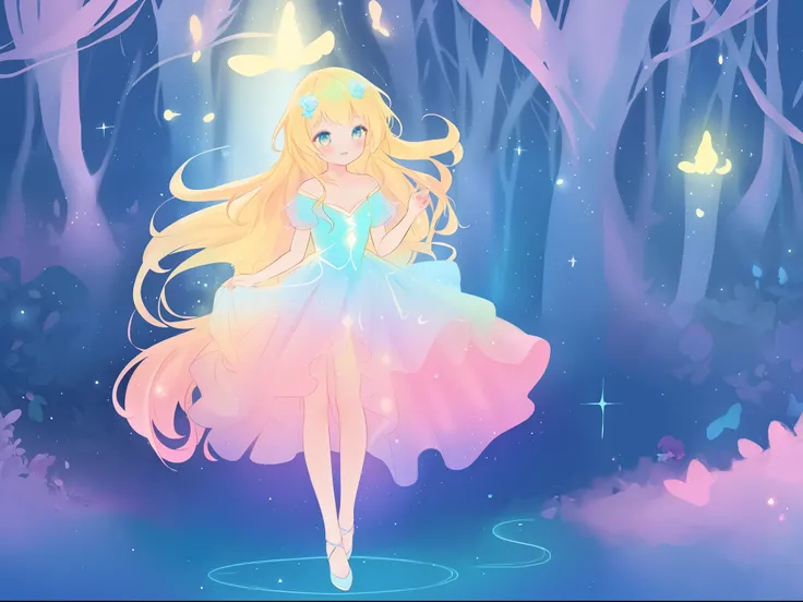 beautiful girl, puffy tiered ballgown, otherworldly forest landscape, vibrant pastel colors, (colorful), glowing golden long hair, magical lights, sparkling magical liquid, inspired by Glen Keane, inspired by Lois van Baarle, disney art style, by Lois van ...