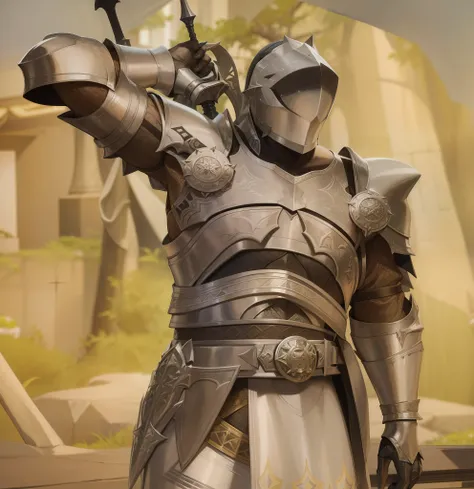 there is a man in a knight costume holding a sword, Armadura Infinity Blade, Armadura Safijiiva, vestindo armadura texturizada esculpida, epic paladin armor, armadura de prata detalhada, armadura de platina do guerreiro, armadura realista, armadura intrinc...