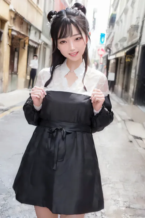 (8K、top-quality、​masterpiece:1.3)、(realisitic、Photorealsitic:1.2)、1 woman、(((A smile:1.15)))、Beautiful black hair、(short-hair)、(Chromatic chest skirt)、((Urban streets:1.3)), ((Highly detailed facial and skin texture)), A detailed eye, 二重まぶた, (((Gahaha laug...