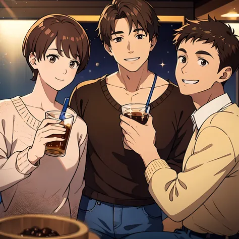 sweaters　man　brown hair　　short-haired　drinking party　a smile