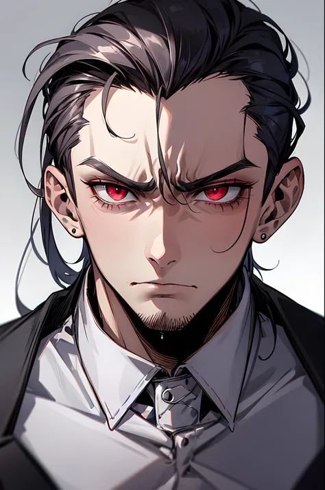 A man,with a disgusted look on his face, spitting to the side, extremely handsome,slicked back hair,punk,red eyes, wearing earrings,pissed off, looking towards the viewer, focus on the face