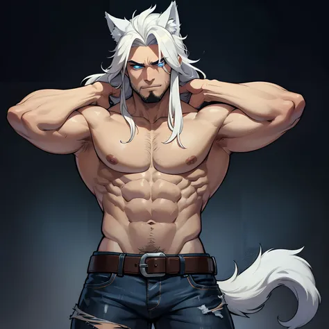 Muscular shirtless male wearing just a pair of torn jeans, has long white hair, has wolf ears, has light beard stubble, has wolf tail, solo, alone, (SOLO)(ALONE) shirtless, no shirt, (SHIRTLESS)(NO SHIRT), flexing, mystic backround, covered in tribal tatto...