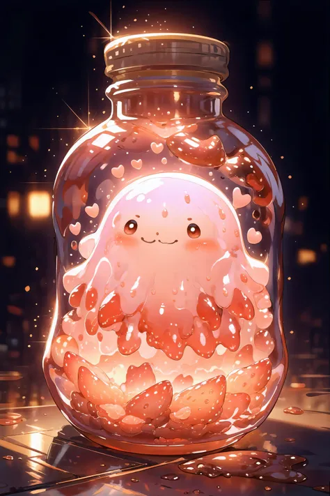 phgls, in container, bottle, strawberry jam slime, inside a small glass bottle, a pink slime fluffs. it is a strawberry slime, a...