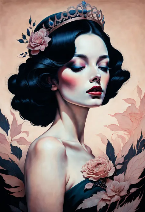 chiaroscuro technique on sensual illustration of an elegant woman, vintage queen, eerie, matte painting, by Hannah Dale, by Harumi Hironaka, extremely soft colors, hint of vibrant, highly detailed, digital artwork, high contrast, dramatic, refined, tonal,