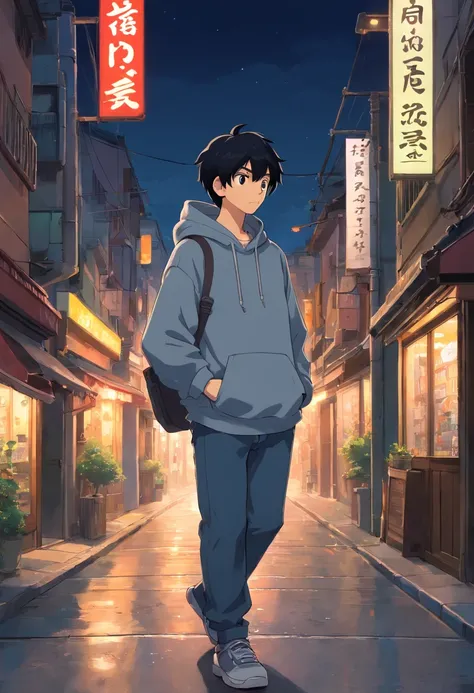 anime man, 1boy, black hair, wear grey hoodie, walking by the street, night life, lo-fi, camera side view, eyes gazing at viewer, full body view