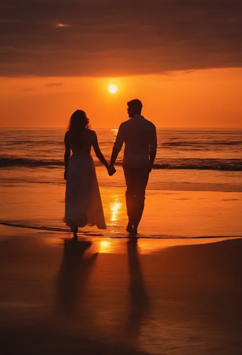 Couple back，Seaside sunset，the setting sun，take hand