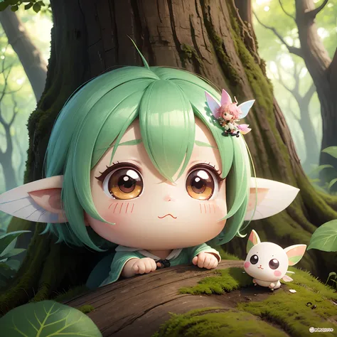 (stickers), finest image, deformed chibi characters, cute fairy peeking out from behind a tree