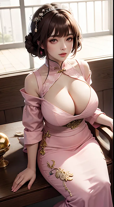 Masterpiece, Best quality, Waterfront, banquet, 1 woman, Mature woman, elegant, Chinese style, Ancient China, sister, Royal Sister, cheerfulness, Meatball heads, Light brown hair, Pink eyes, Gorgeous headdress, Light pink lips, Pink clothes, Yarn-like clot...