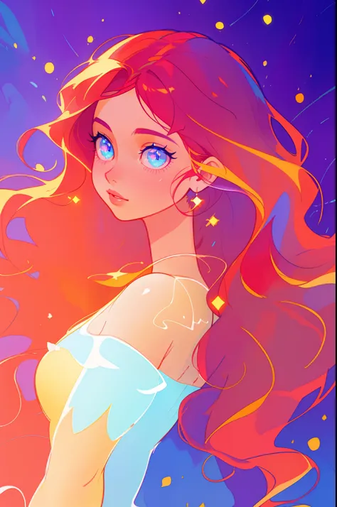 beautiful girl portrait, vibrant pastel colors, (colorful), magical lights, long flowing red hair, inspired by Glen Keane, inspired by Lois van Baarle, disney art style, by Lois van Baarle, glowing aura around her, by Glen Keane, jen bartel, glowing lights...