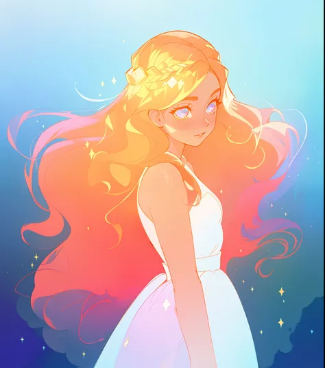 beautiful anime girl in white princess ballgown, vibrant pastel colors, (colorful), magical lights, red and gold long wavy curly hair, sparkling lines of light, inspired by Glen Keane, inspired by Lois van Baarle, disney art style, by Lois van Baarle, glow...