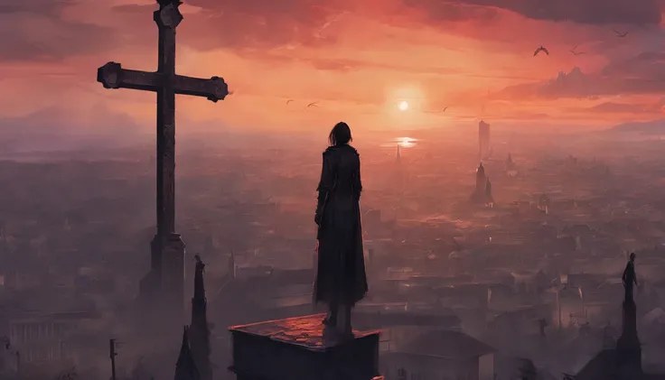 At sunset, A female killer stands on the top of a cross in a church overlooking the city，goth style，ultra-realistic realism, Best composition, Masterpiece works of art, Faraway view,birds eyes view