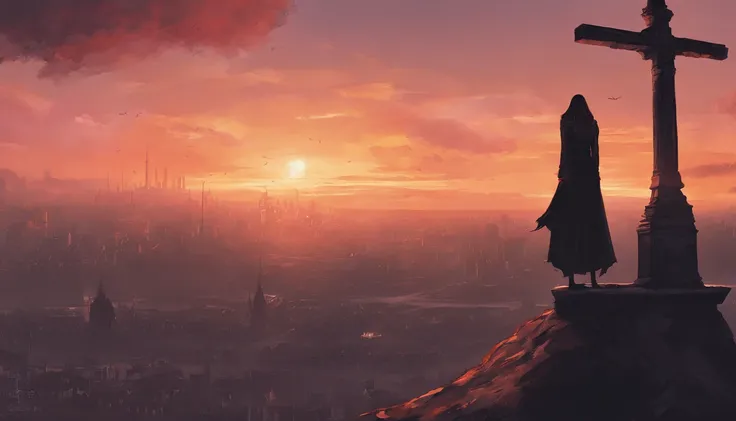 At sunset, A female killer stands on the top of a cross in a church overlooking the city，goth style，ultra-realistic realism, Best composition, Masterpiece works of art, Faraway view,birds eyes view