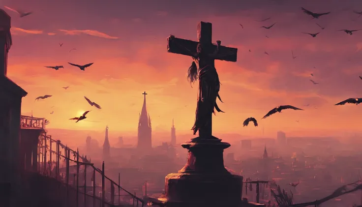 At sunset, A female killer stands on the top of a cross in a church overlooking the city，goth style，ultra-realistic realism, Best composition, Masterpiece works of art, Faraway view,birds eyes view