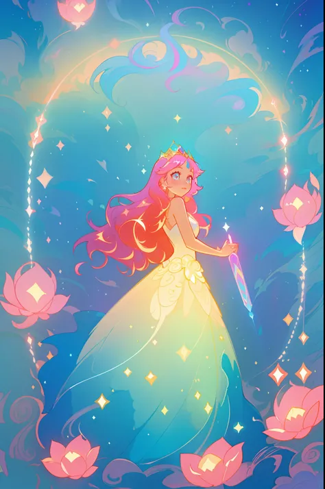 beautiful anime girl in white princess ballgown, vibrant pastel colors, (colorful), magical lights, magical flowers, red long wavy hair, sparkling lines of light, inspired by Glen Keane, inspired by Lois van Baarle, disney art style, by Lois van Baarle, gl...