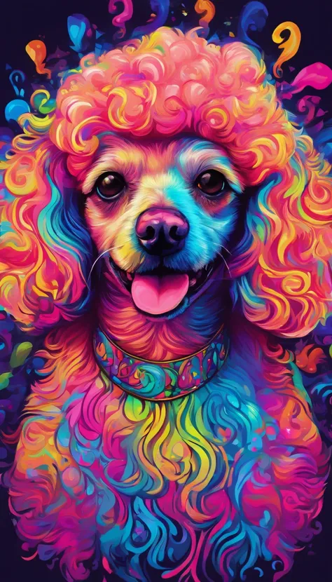 A toy poodle with neon makeup and headdress , Arte transgresor, foco nítido, 8 mil, Renderizado de octanaje , Colores saturados, Colores pastel