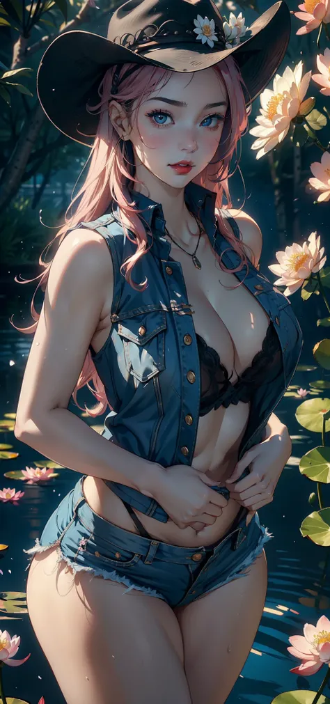 1female，45 yers old，Married Woman，熟妇，plumw，extremely large bosom， 独奏，（Background with：ponds，Cherry blossom forest，lotus flower）standing underwater， She has long pink hair，seen from the front，， mostly cloudy sky，（（（tmasterpiece），（Very detailed CG unity 8K w...