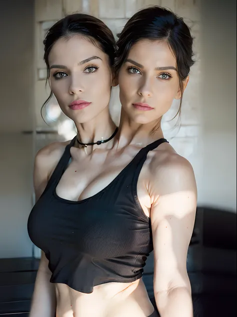 (((Two Heads))), woman in a black top posing for a picture, anna nikonova aka newmilky, wearing a black cropped tank top, wearing a cropped black tank top, crop top, belle delphine, she is wearing a black tank top, wearing a sexy cropped top, official prod...