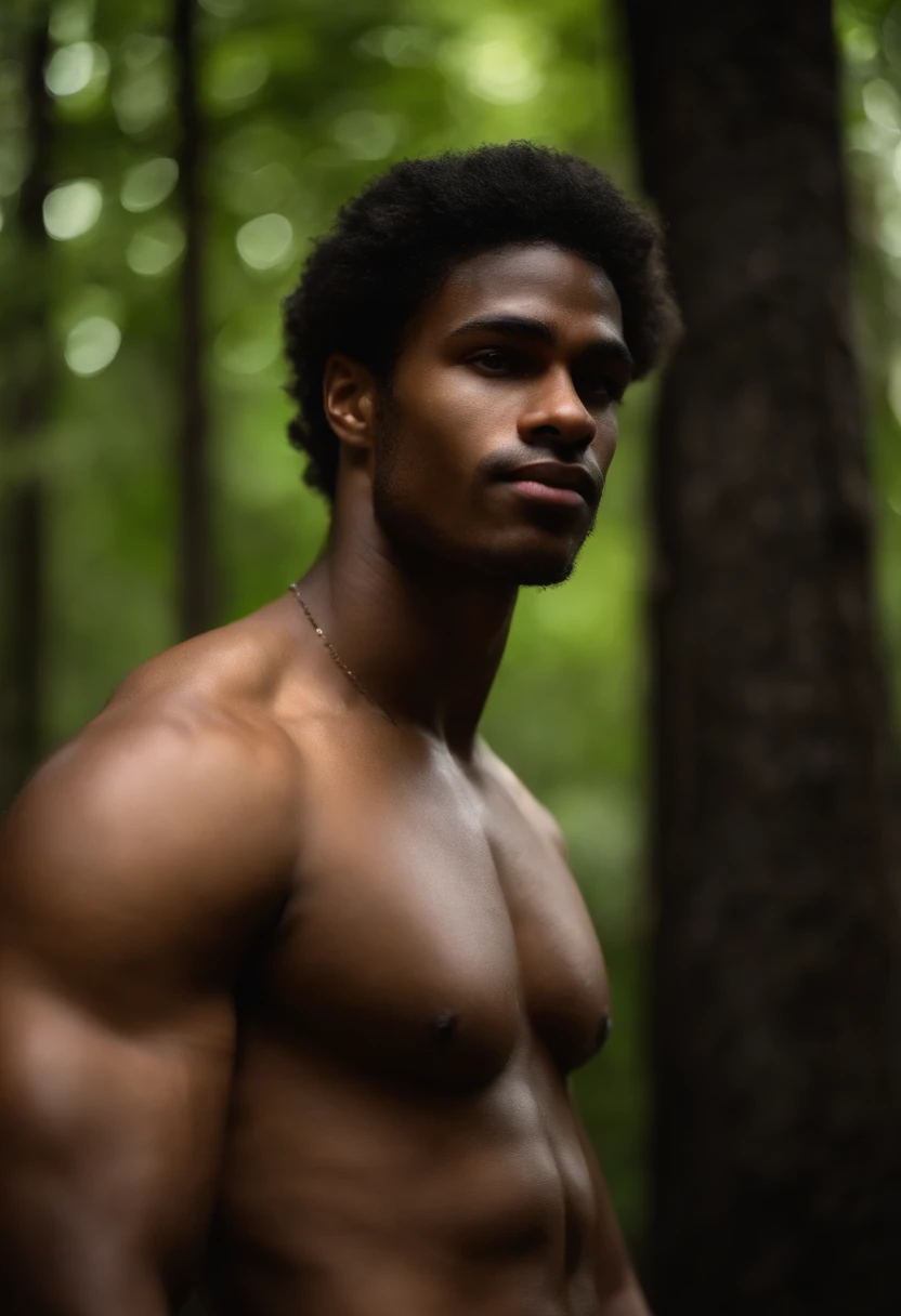 Um jovem homem negro de cabelo castanho ondulado, He is slender, mas musculoso. He is shirtless and has a huge scar on his neck and chest. He has his arms crossed and a flirtatious smile on his lips. In the background is a forest.