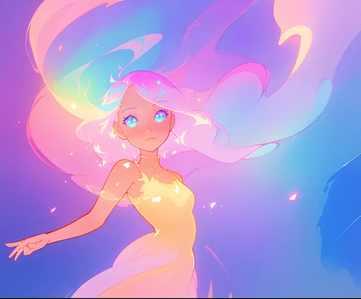 beautiful anime girl in colorful ballgown, vibrant pastel colors, (colorful), magical lights, sparkling liquid light, inspired by Glen Keane, inspired by Lois van Baarle, disney art style, by Lois van Baarle, glowing aura around her, by Glen Keane, jen bar...