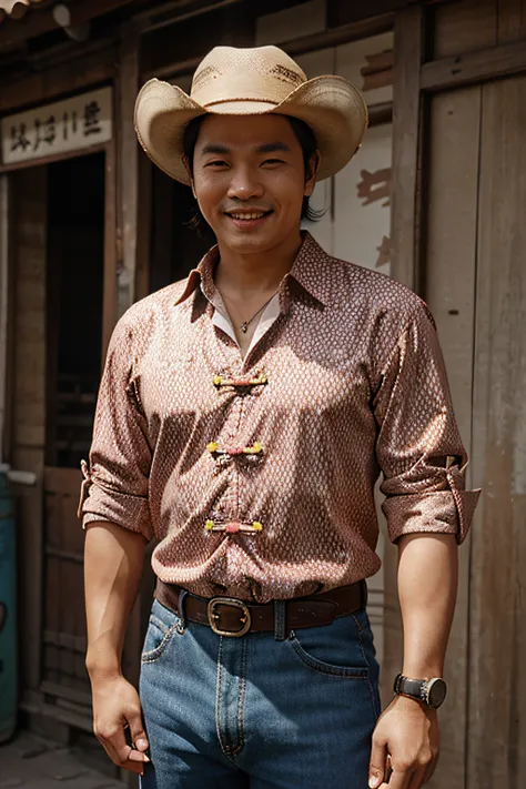 Chinese men，The background is the 1980s，cowboy clothes，A sweet smile