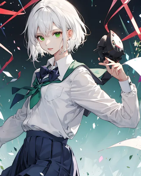 White hair green eyes school uniform