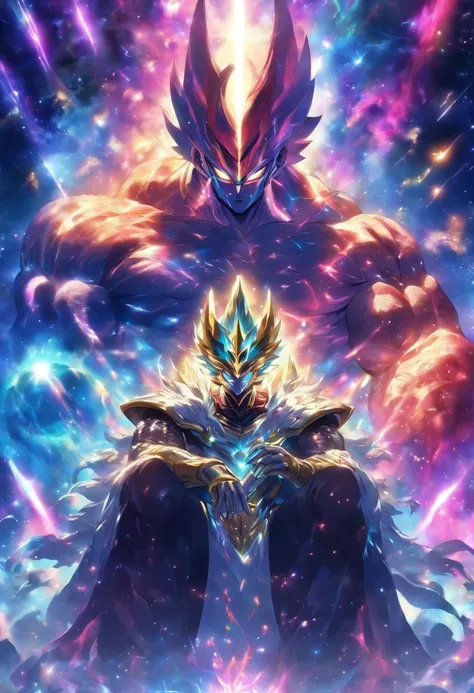 The powerful God of the Galaxy, with a majestic muscular physique and an intriguing appearance, is seated on a magnificent chair. The chair features a masked face design, adding an air of mystery. The camera zooms in on the Gods armored body, which is comp...